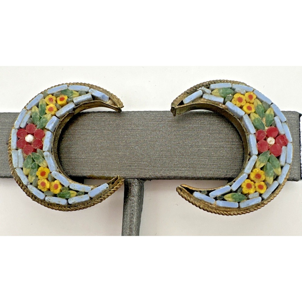 Vintage Italian Micro Mosaic Millefiore Crescent Moon Clip On Earrings